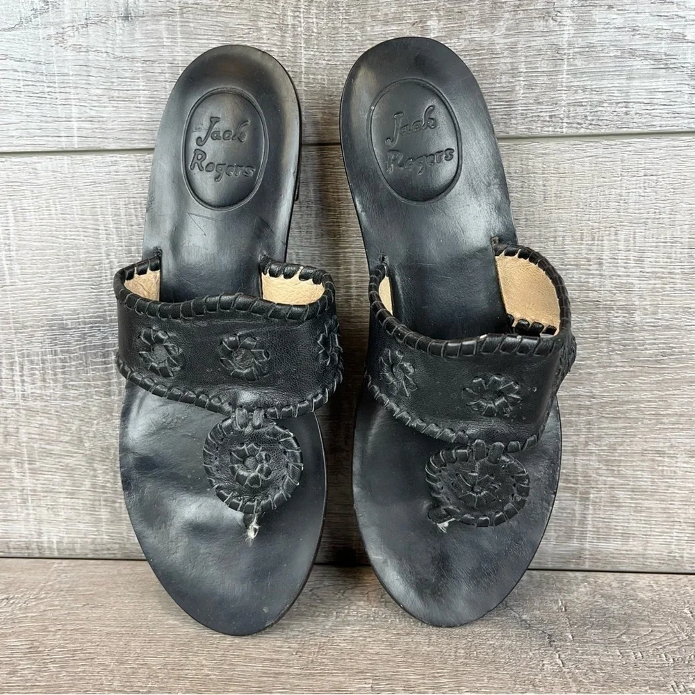 Jack Rogers sz 6 black leather whipstitch wedge flip flop sandals